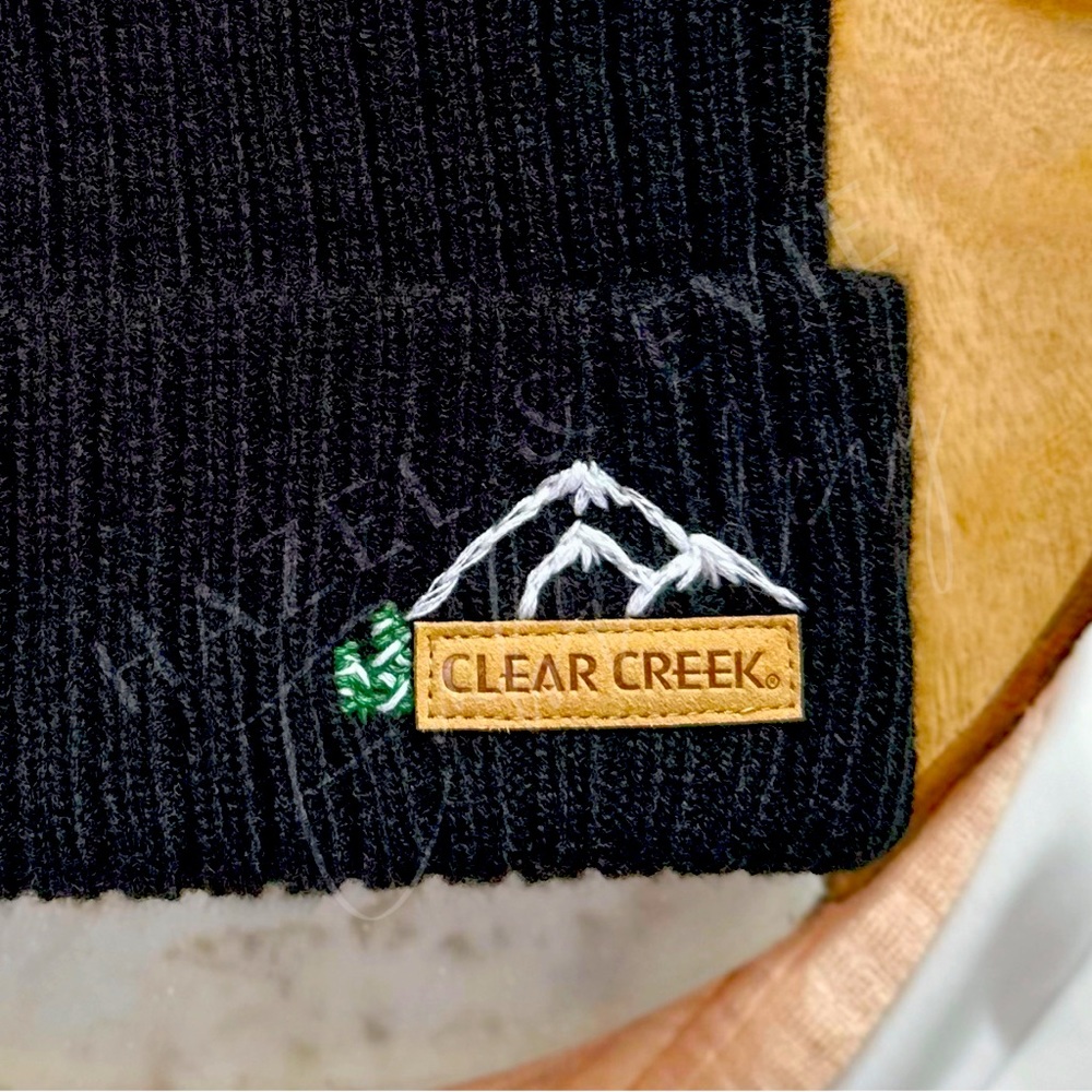 Embroidered Black Knit Hat with Mountain and Pine Tree Design